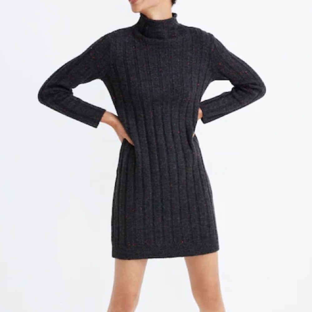 Madewell Donegal Rolled Mock Neck Ribbed Sweater Dress Coal Wool Blend Size XS
